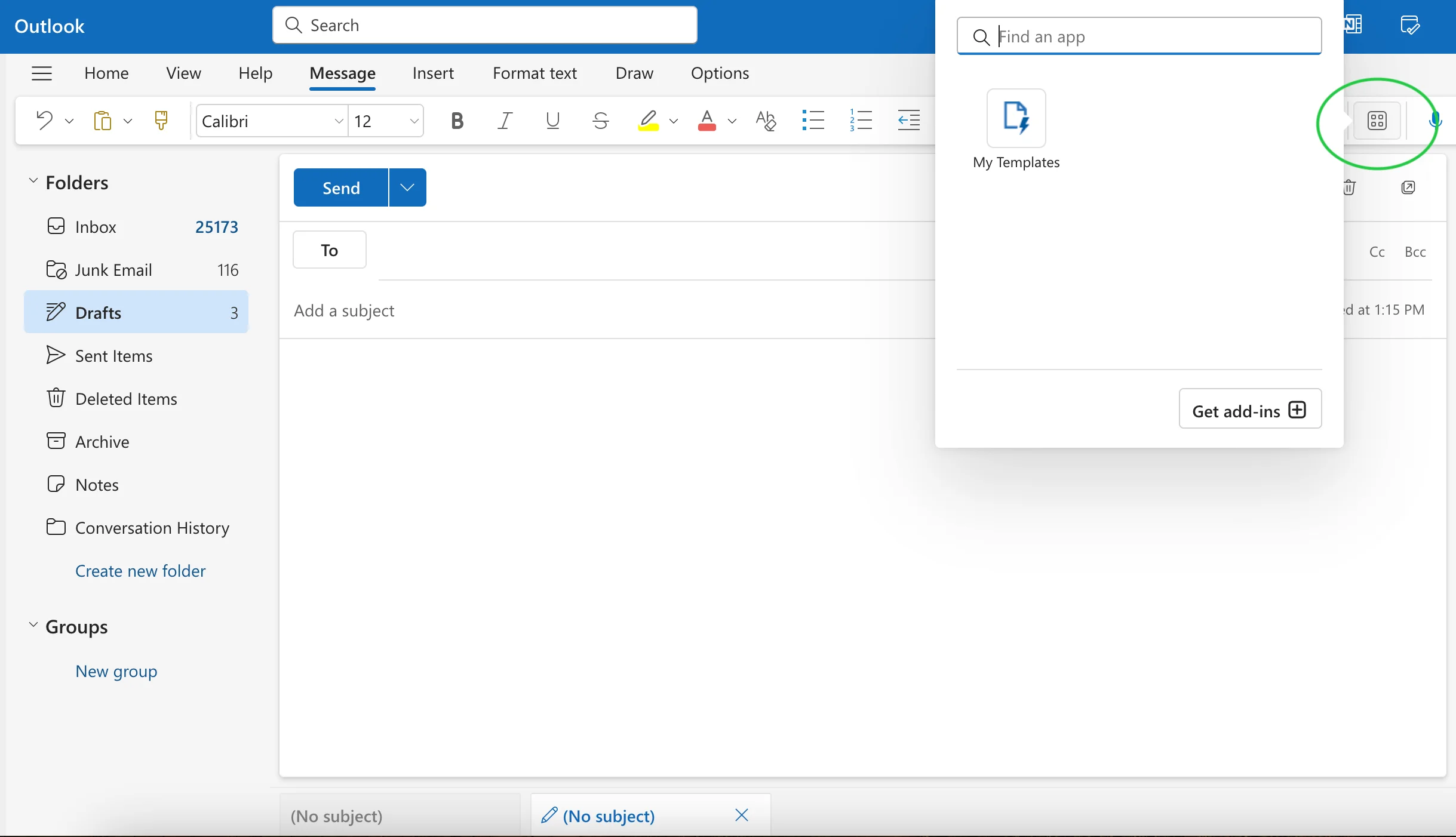 A screenshot of Outlook.com with apps and my templates selected