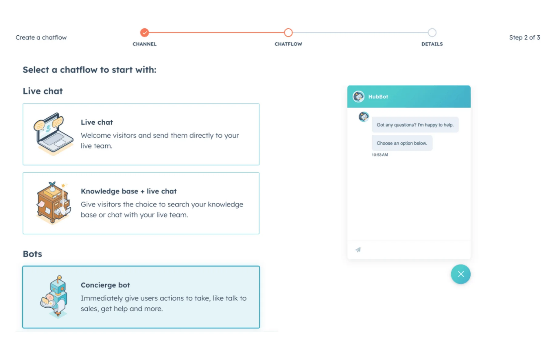 HubBot chatbot builder demonstration: the live chat option