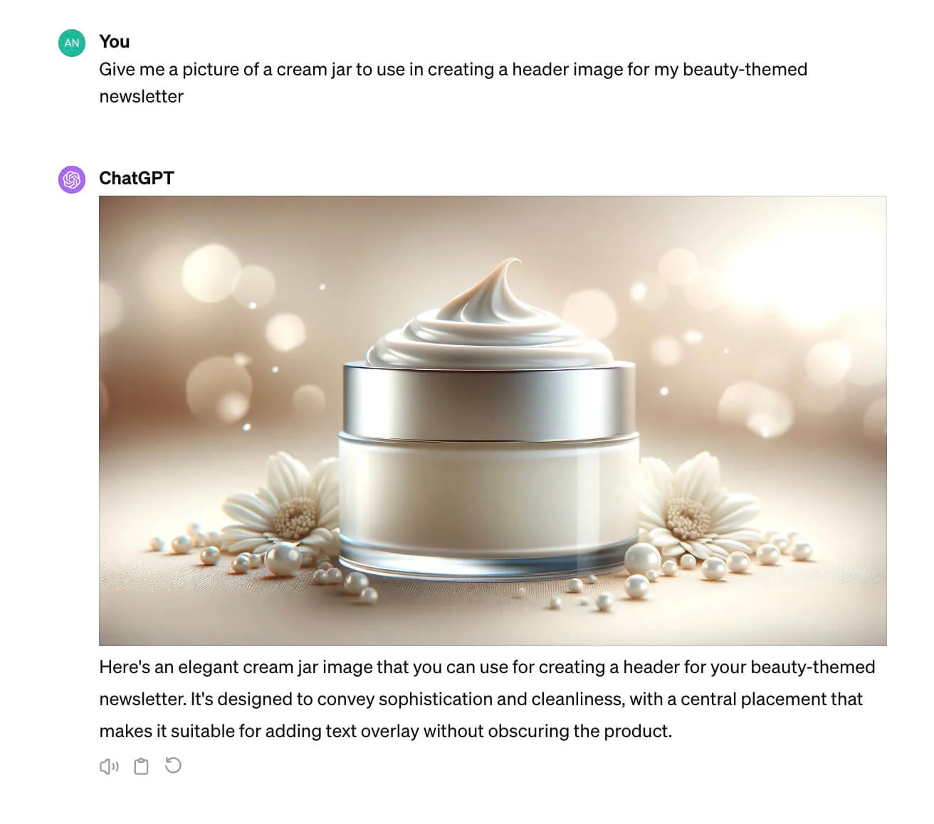 Testing ChatGPT’s work with images and getting a generated image of a cream jar with a brief explanation of why it is good to use as a header