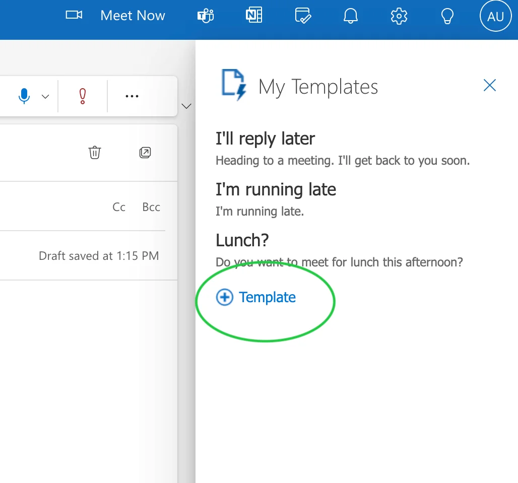 A screenshot of Outlook.com with Template selected in My Templates