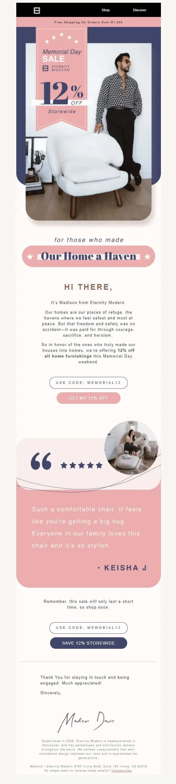 Example of a marketing newsletter of Eternity Modern