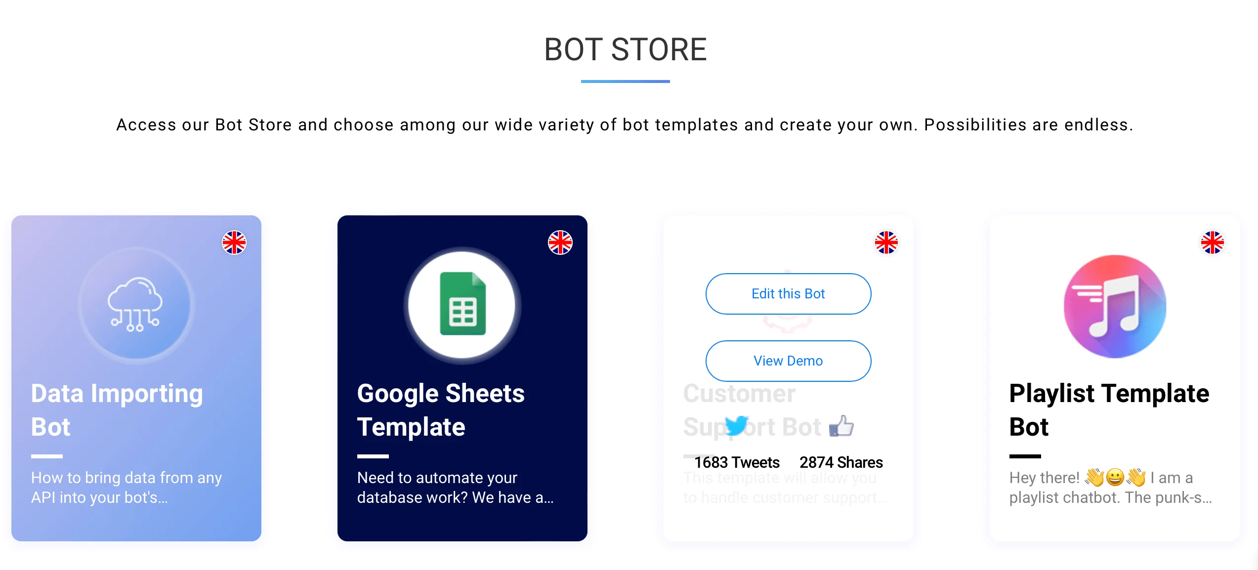SnatchBot chatbot builder templates like data importing, playlist creation, Google Sheets, and customer support