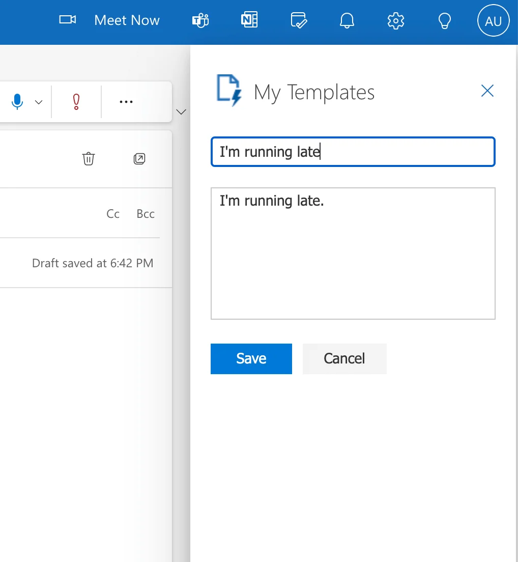 A screenshot of Outlook.com with Template dialogue box open