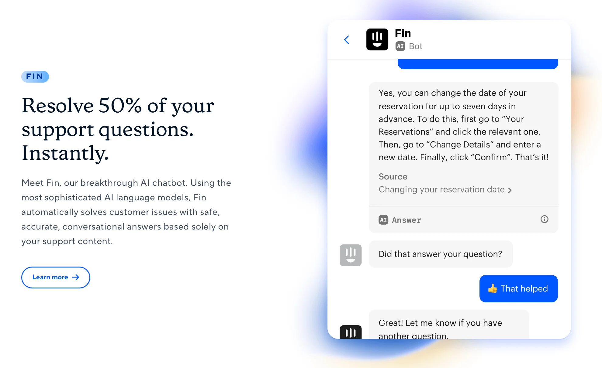 Intercom Chatbot ad claiming to resolve 50% of support questions instantly