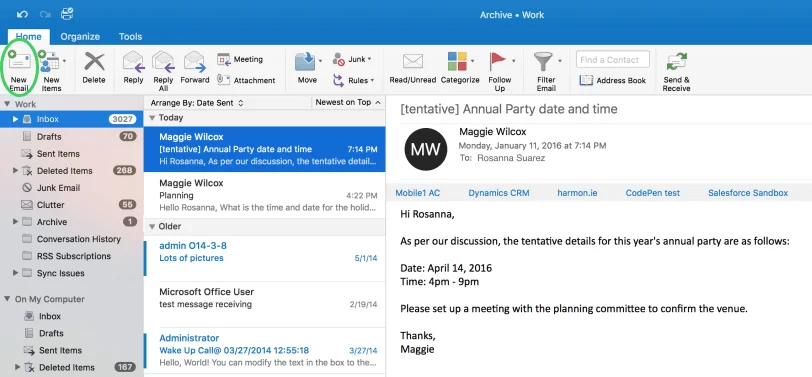 A screenshot of the Outlook desktop app with a New email button highlighted