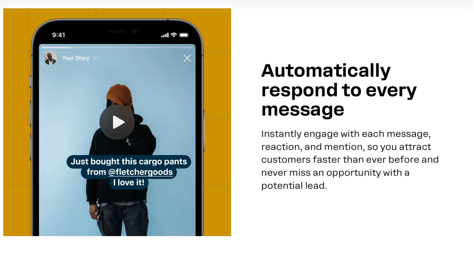 Manychat automatic reply chatbot landing page screenshot claiming to automatically respond to every message