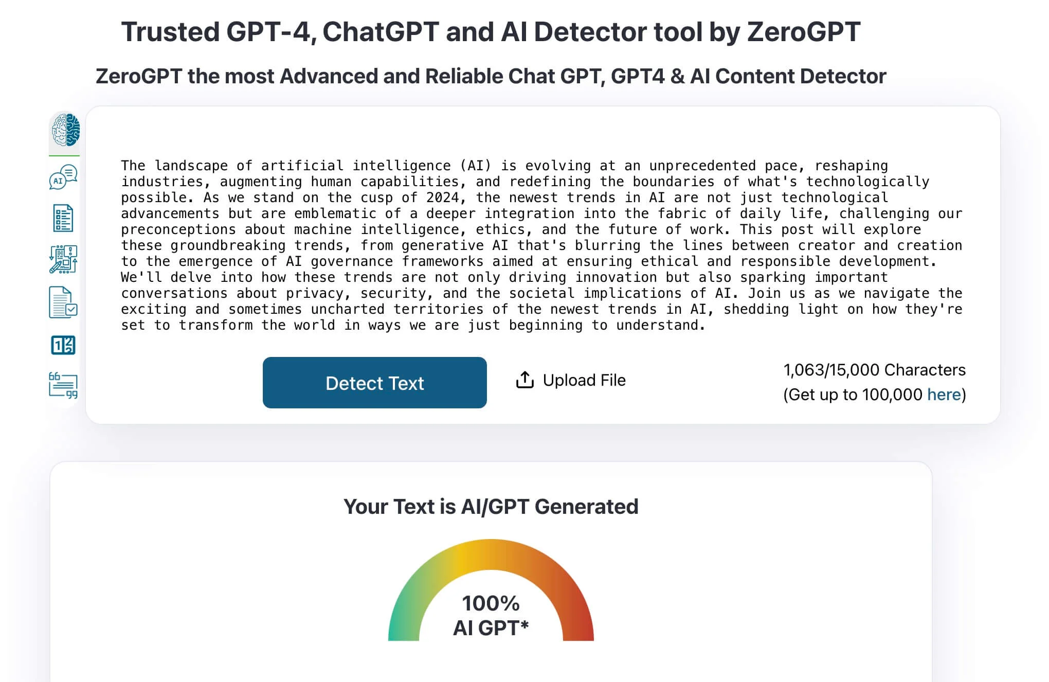 ChatGPT initial draft AI detection test results showing that it was a 100% generated