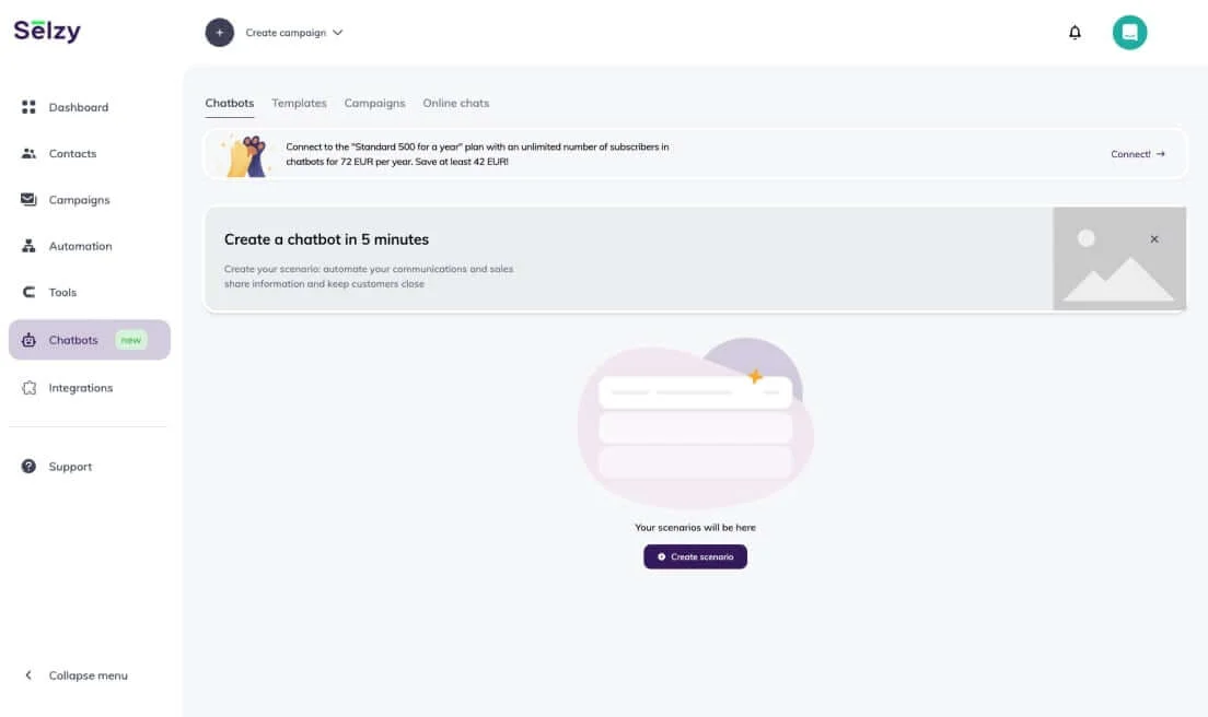 Selzy chatbot builder landing page screenshot that claims to offer 24/7 availability via automated responses