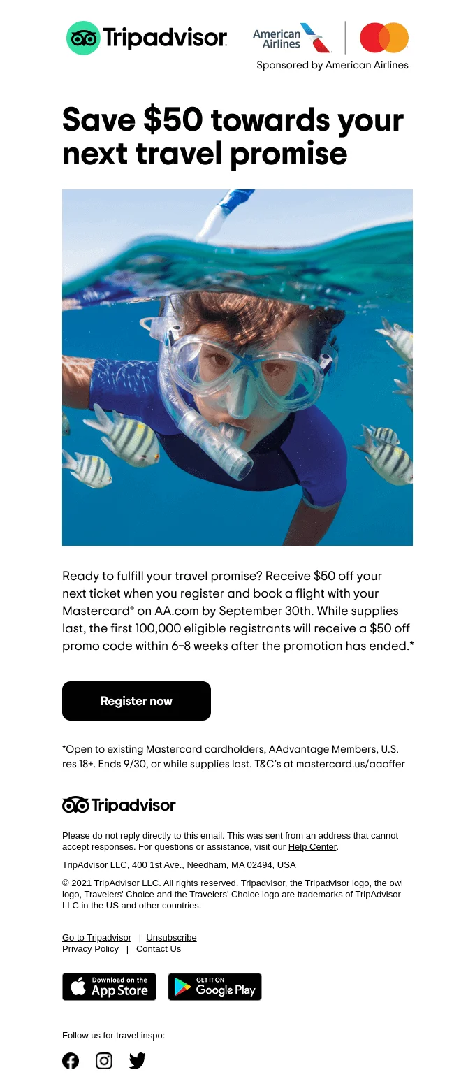 A Tripadvisor email containing sponsored ads from American Airlines
