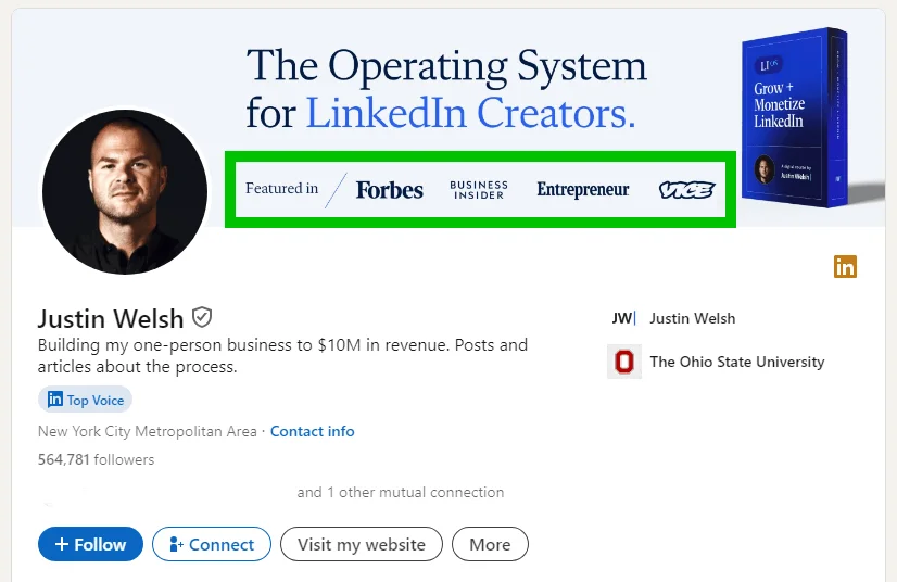 A LinkedIn profile page with a cover photo showing a book, the headline “The Operating System for LinkedIn Creators.”, and a “Featured in” section with logos of media like Forbes, Vice, and more