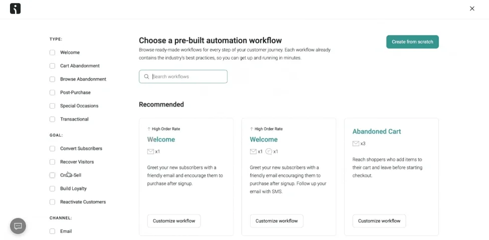 A preview of Omnisend’s email automation tool. The image showcases the process of choosing a pre-built automation workflow.