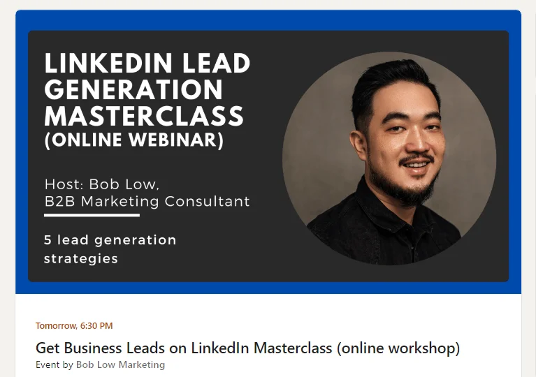 An event announcement for a LinkedIn lead generation webinar with Bob Low