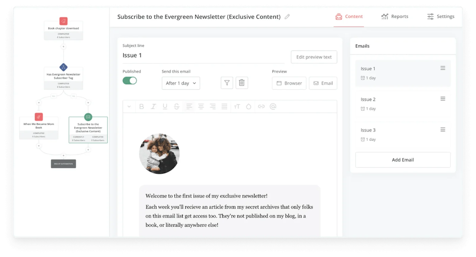 A preview of Kit’s email sequence setting process