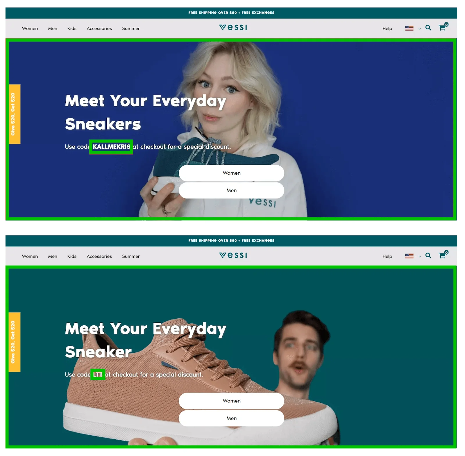 Two versions of the same landing page with changed banner images and codes