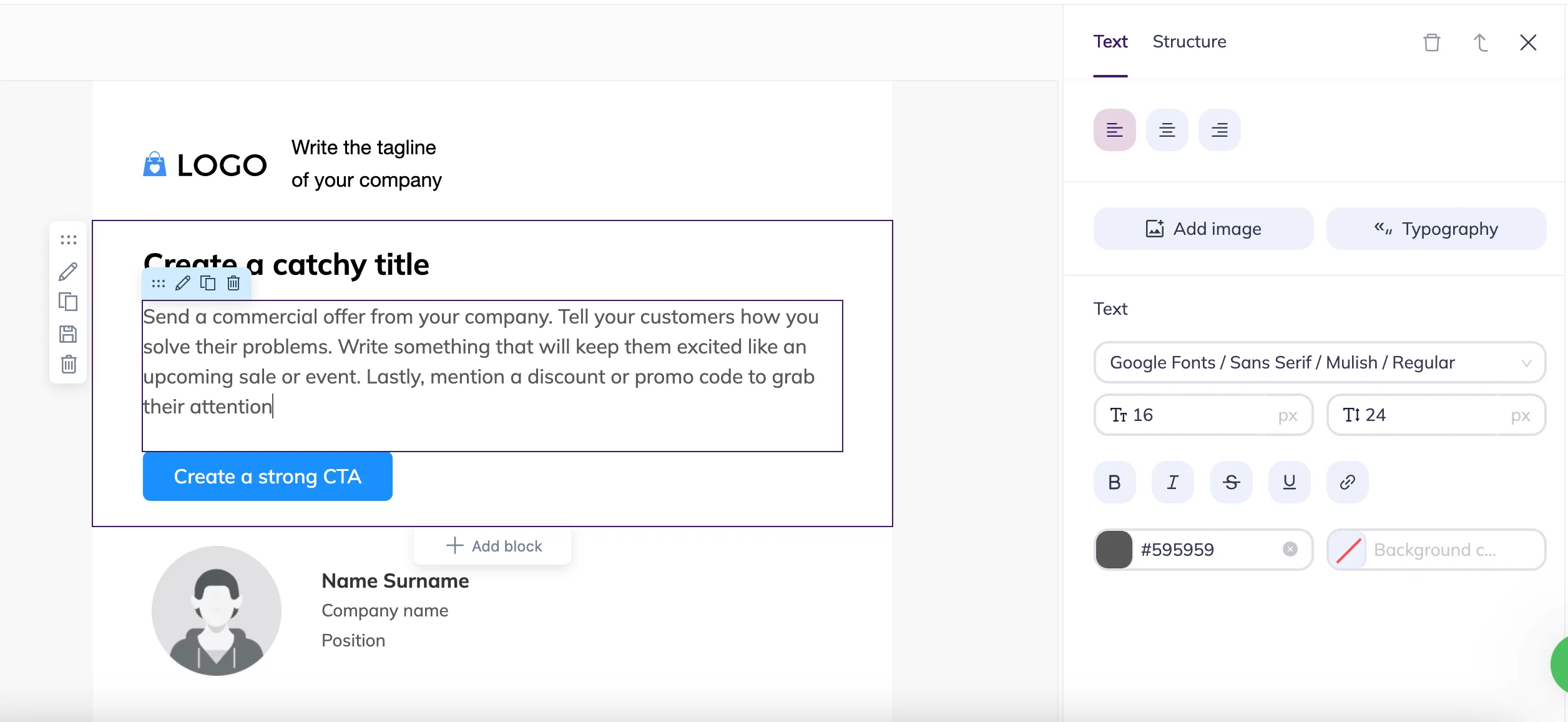 Customizing fonts and typography on Selzy email builder
