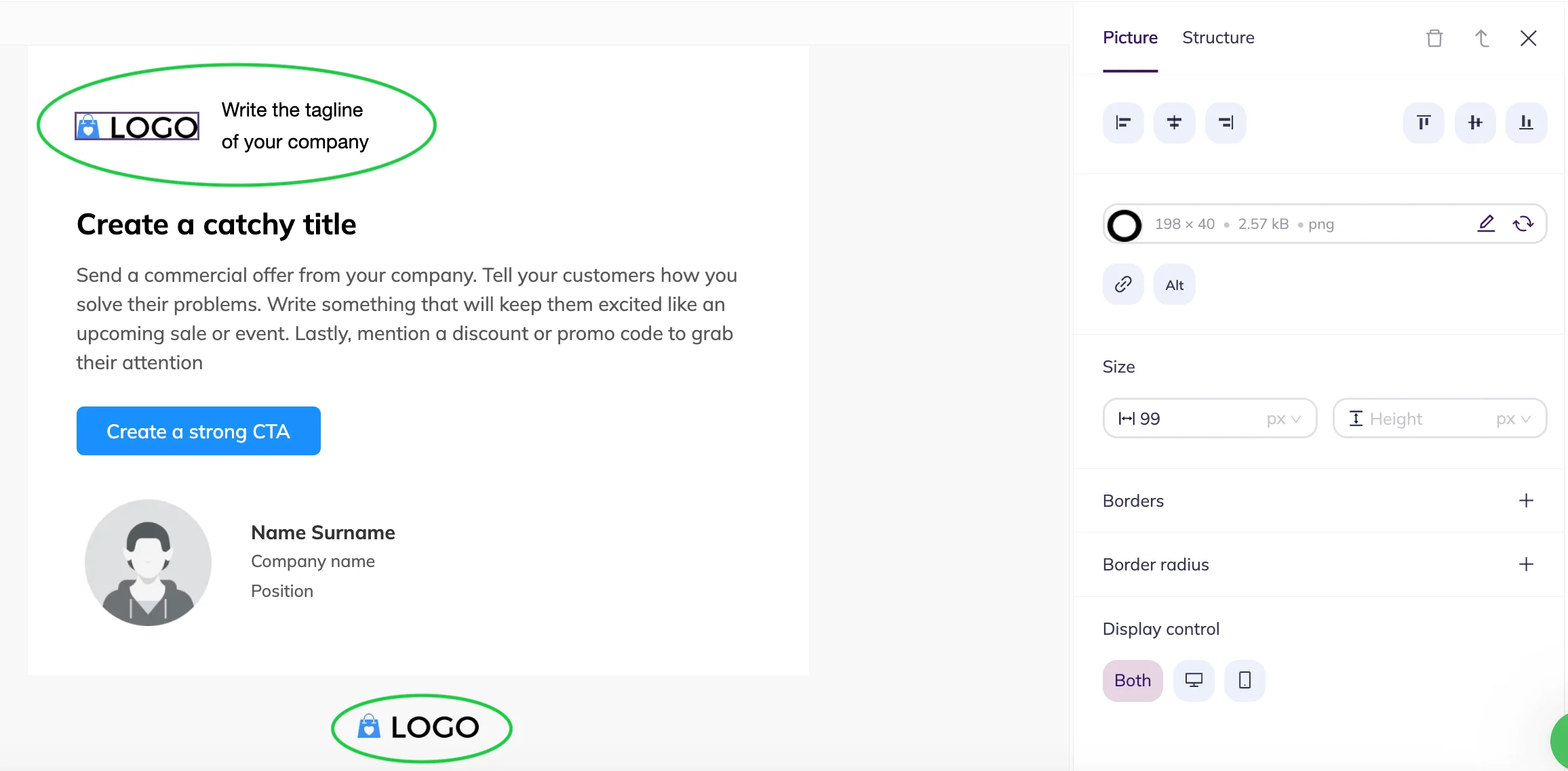 adding a logo in the Selzy email builder