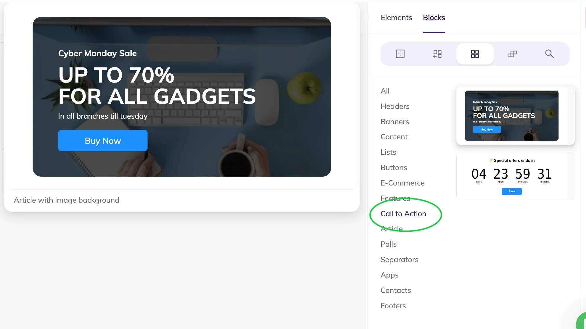 Adding a pre-made CTA block in the Selzy email template builder
