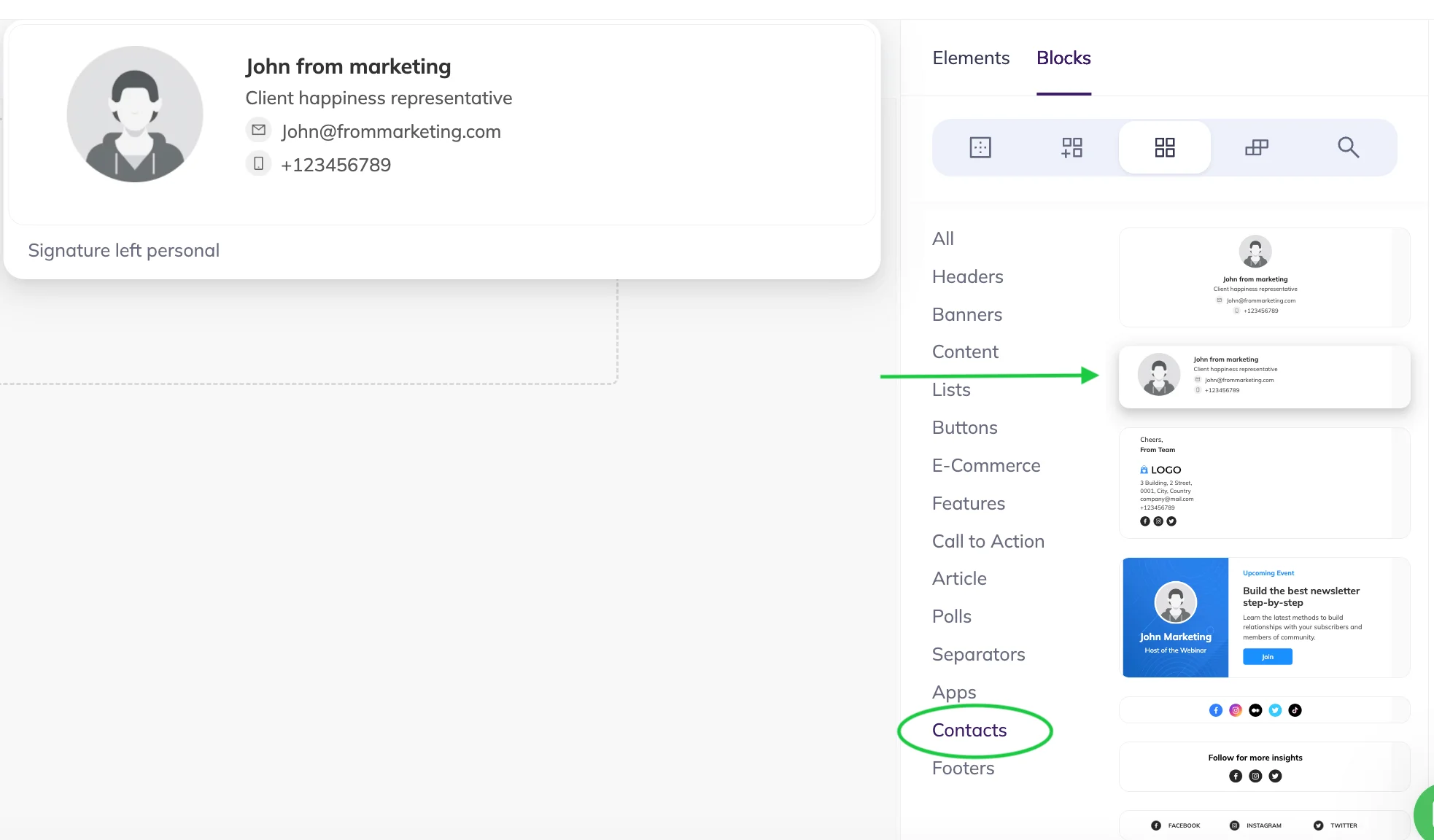 Adding a signature to the email template in the Selzy builder