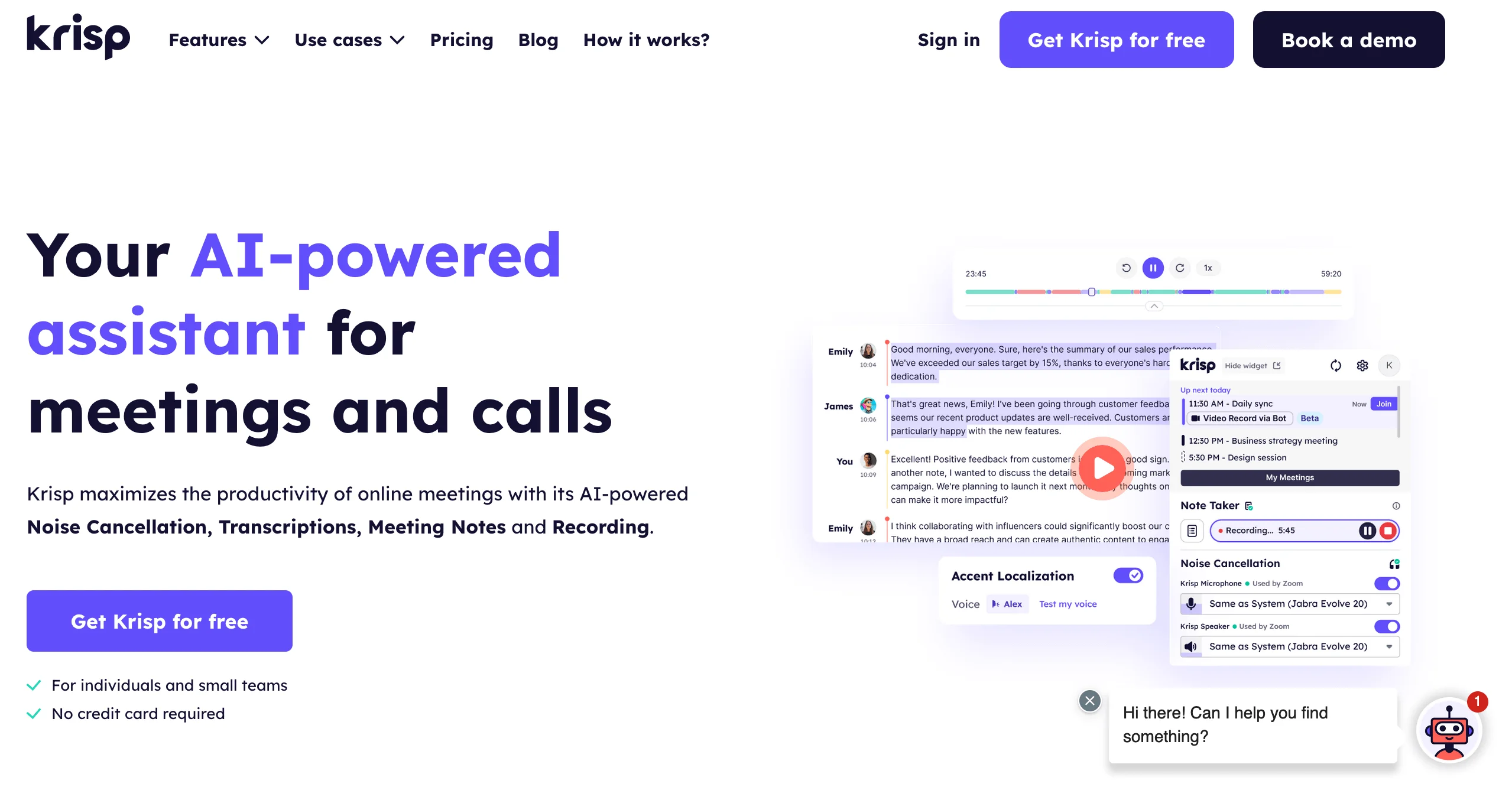 Krisp website’s homepage with the heading “Your AI-powered assistant for meetings and calls”