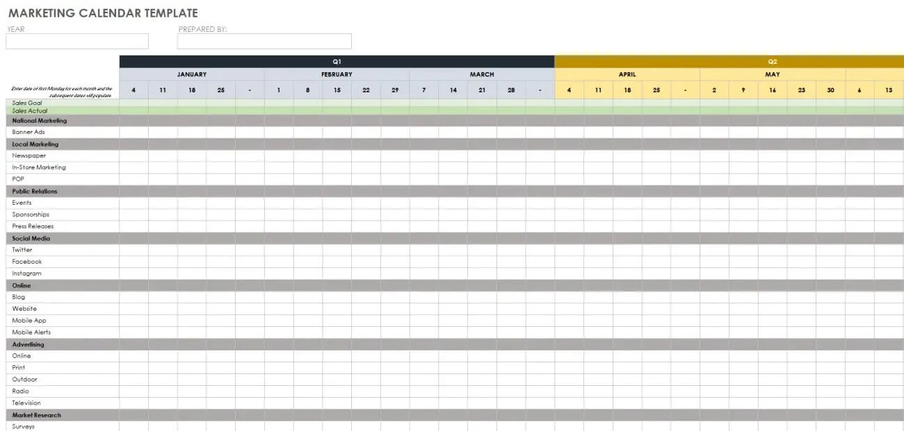 An example of a marketing calendar template in Google Sheets
