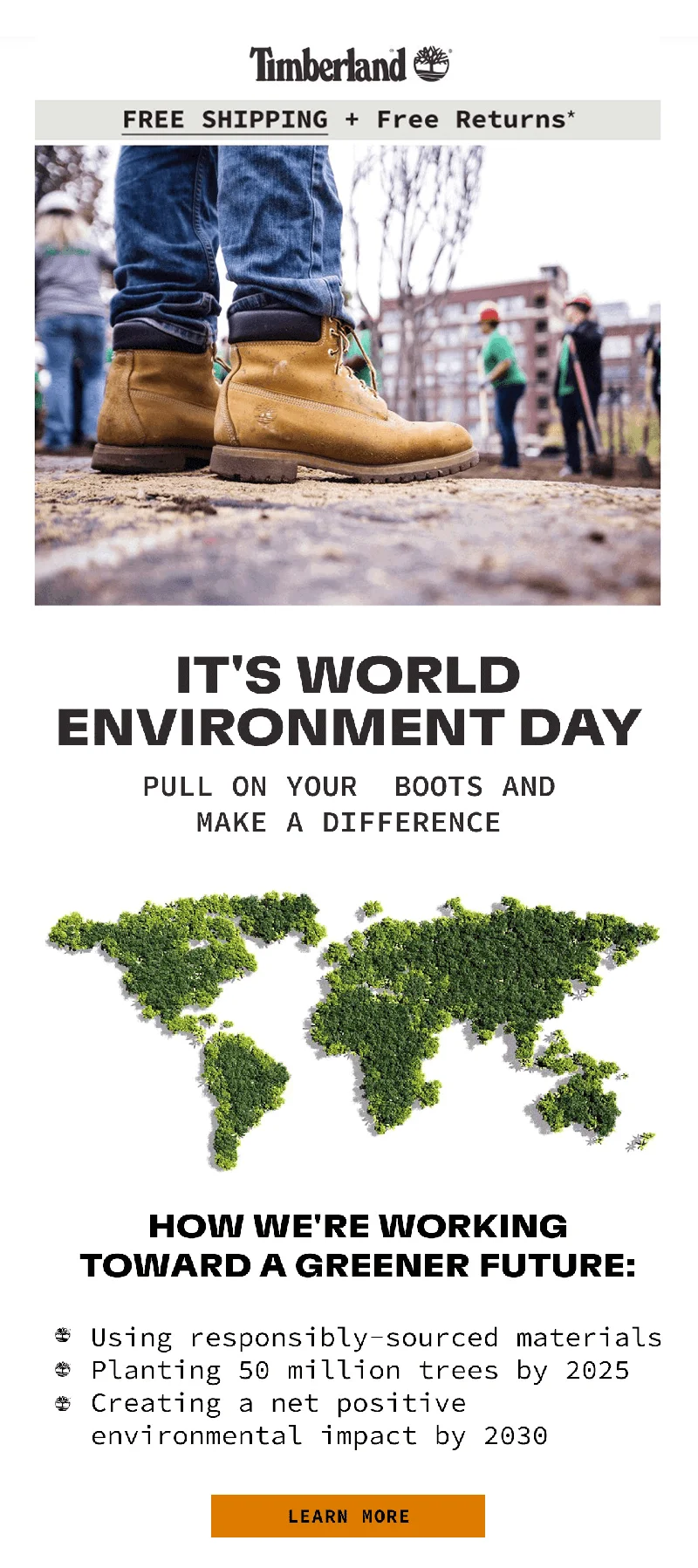 A World Environment Day email from Timberland featuring a catchy slogan, eco-friendly image, and a list of steps the company is taking to protect the environment