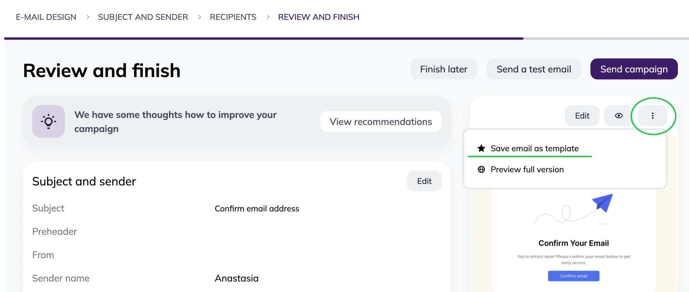 Saving email as a custom template in Selzy