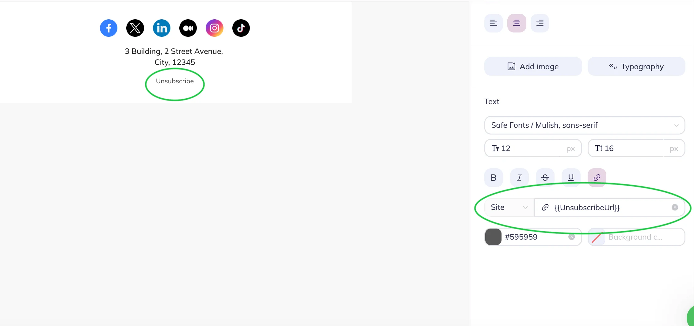 Selzy template with an unsubscribe link inserted via a merge tag