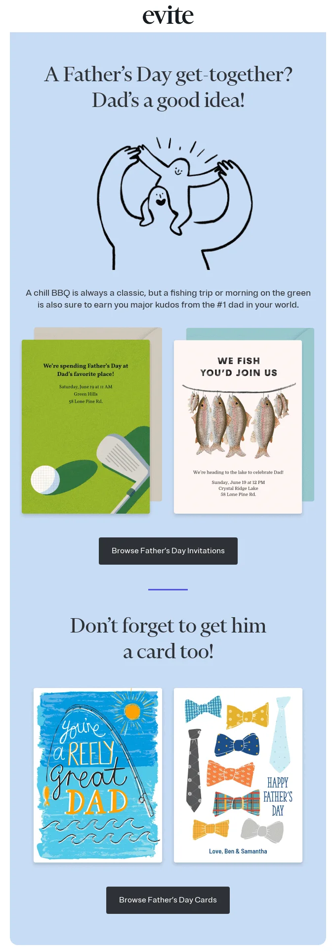 A Father’s Day email from Evite featuring a fun heading, a minimalistic drawing, and a range of product ideas for presents