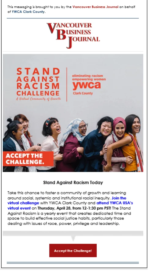 An email from The Vancouver Business Journal featuring an image of laughing people