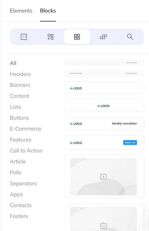 Selzy’s email template builder blocks that include Headers, Banners, Lists, Polls, Separators, Contacts, and more