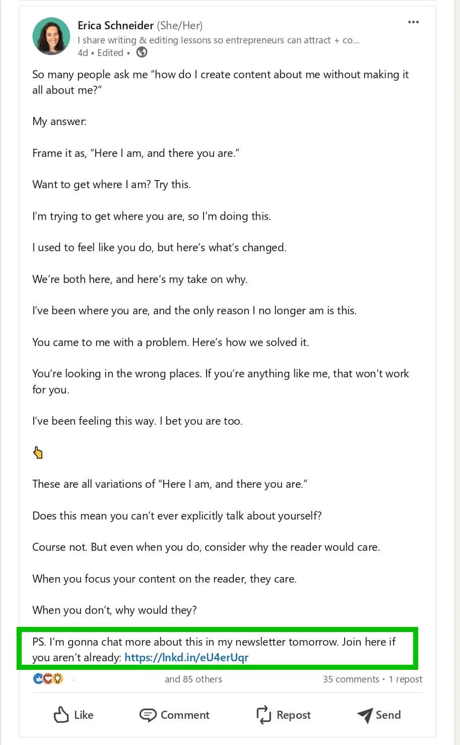 A post about making content not about oneself with a post-scriptum with a link to join the author’s newsletter