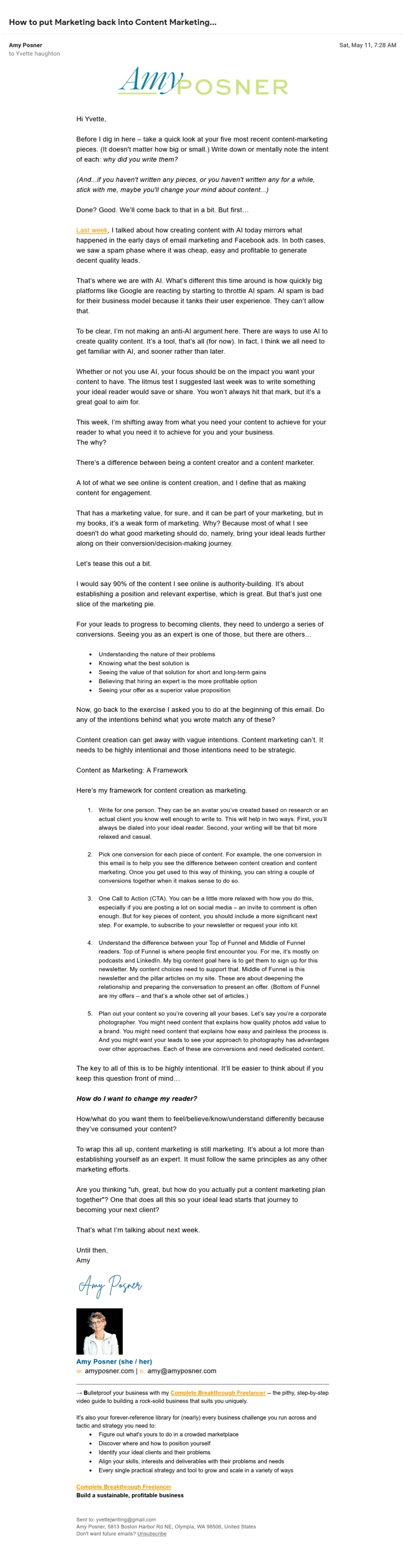 An email from Amy Posner explaining what it means to treat content as marketing