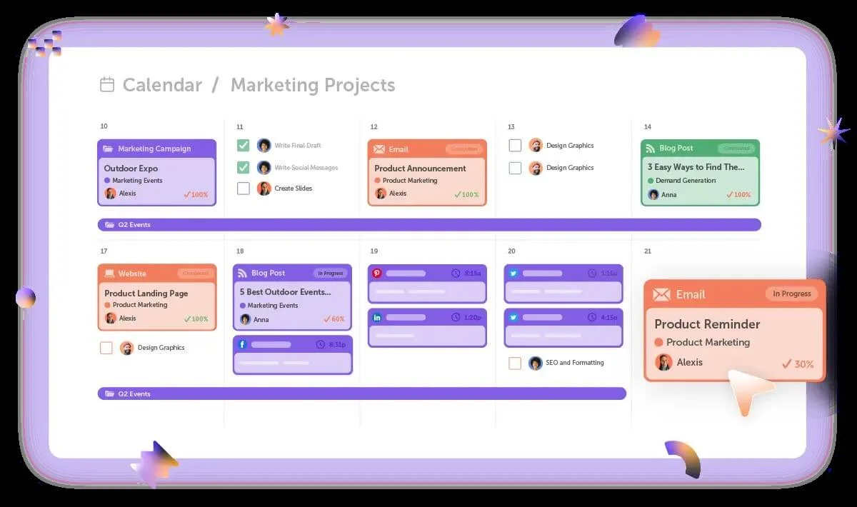 A preview of CoSchedule’s content calendar showcasing various tasks