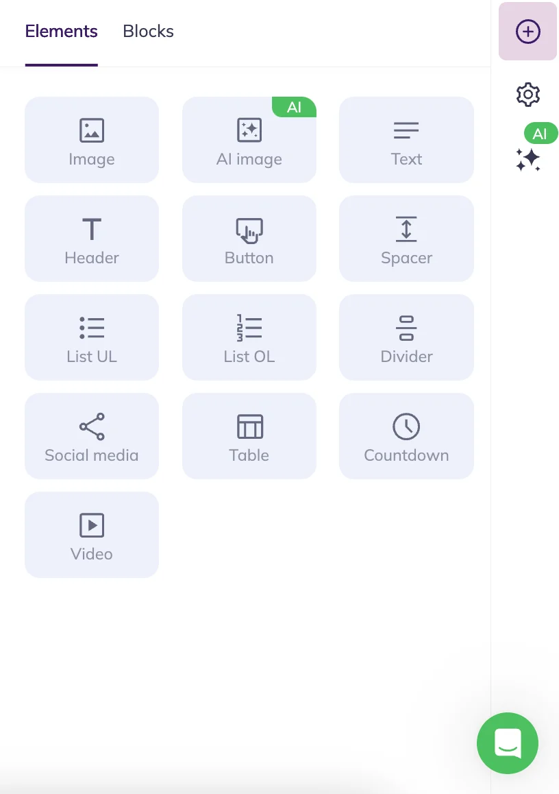 Selzy email builder elements that include text, images, video, two list types, countdown timer, divider, table, and more