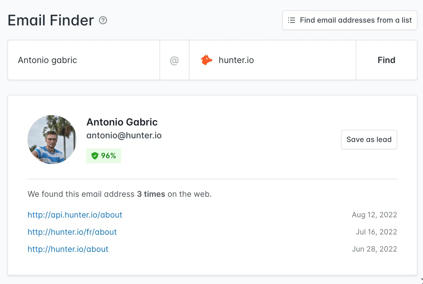 Email finder search results for the author of this article showing 3 web pages where the email is listed