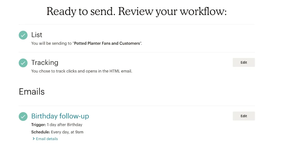 A preview of Mailchimp’s email automation service showcasing a Birthday follow-up rule