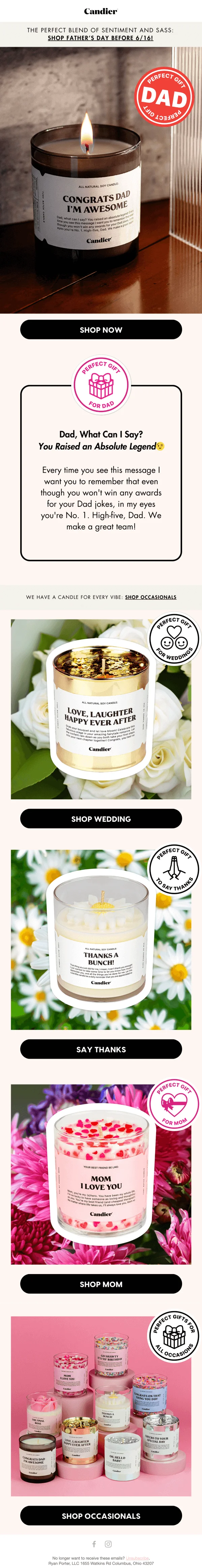A Father’s Day email from Candier featuring a picture of a candle with the label “Congrats, Dad, I’m awesome”