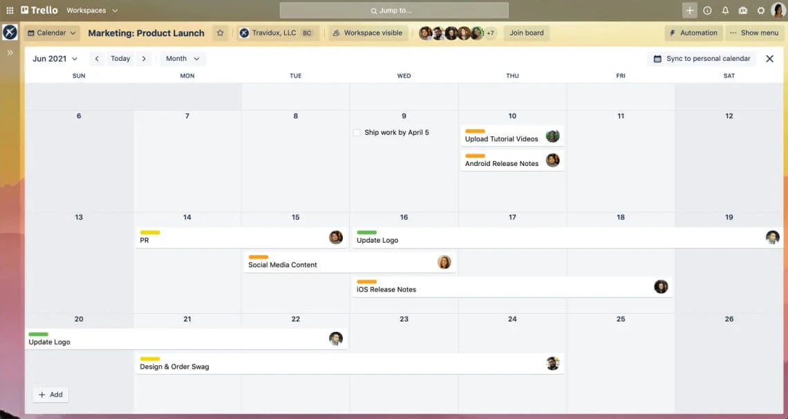 A preview of a Trello calendar with the tasks and the assigned team members.