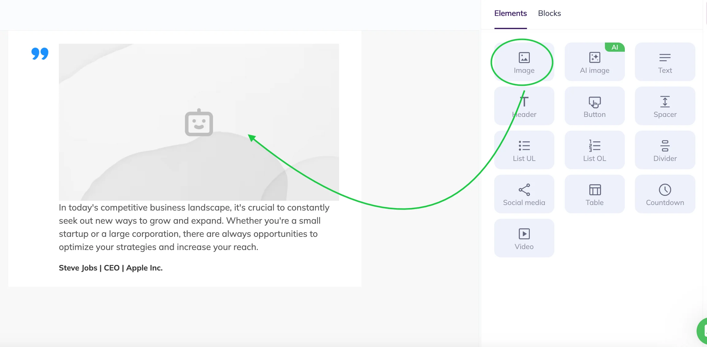 Adding an element to a block in the Selzy email template builder
