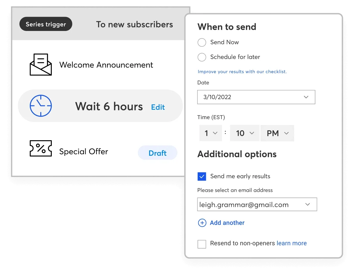 A preview of Constant Contact’s email automation tool. The preview showcases a welcome email setting process.