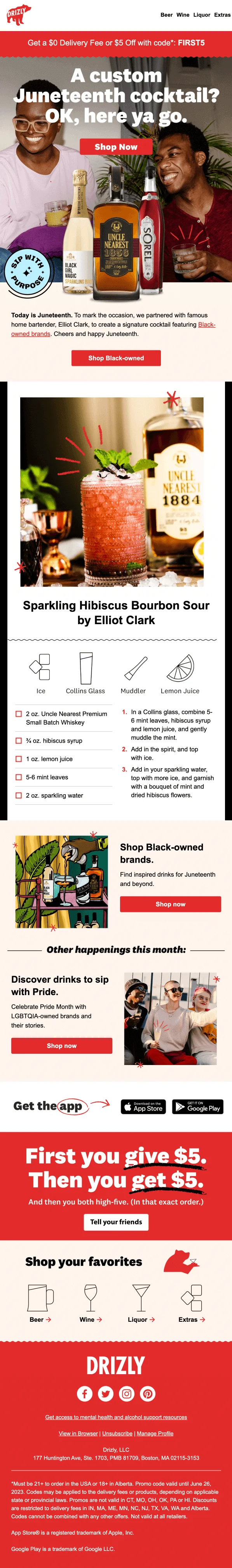 A Juneteenth email from Drizle with a banner “A custom Juneteenth cocktail? Ok, here ya go” and a cocktail recipe
