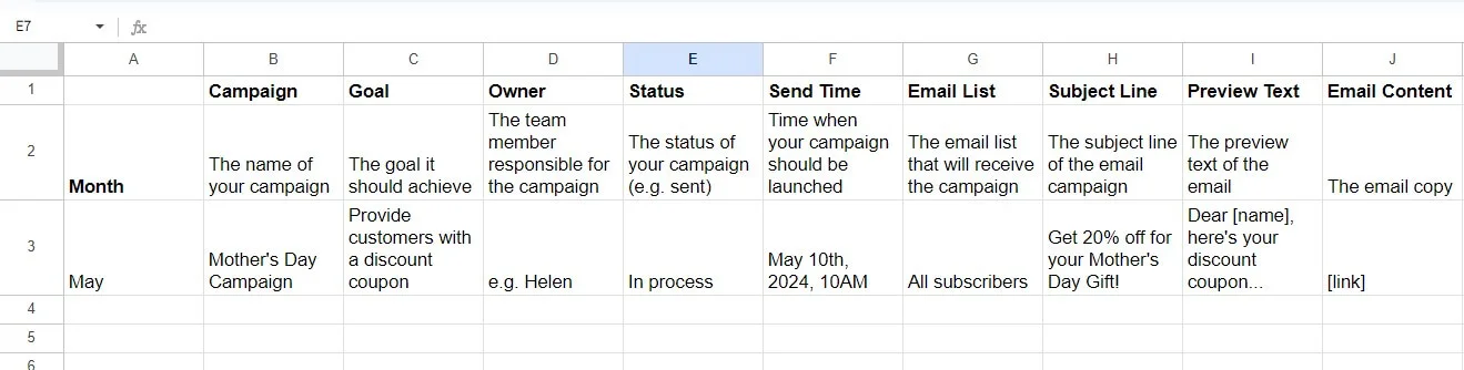 An email marketing calendar template — a table with one entry with the campaign name, send time, status, goal, and other parameters