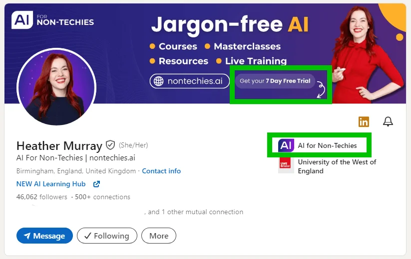 A profile page with a CTA on the cover photo saying “Get your 7 Day Free Trial” and an arrow pointing down at a company featured in the profile