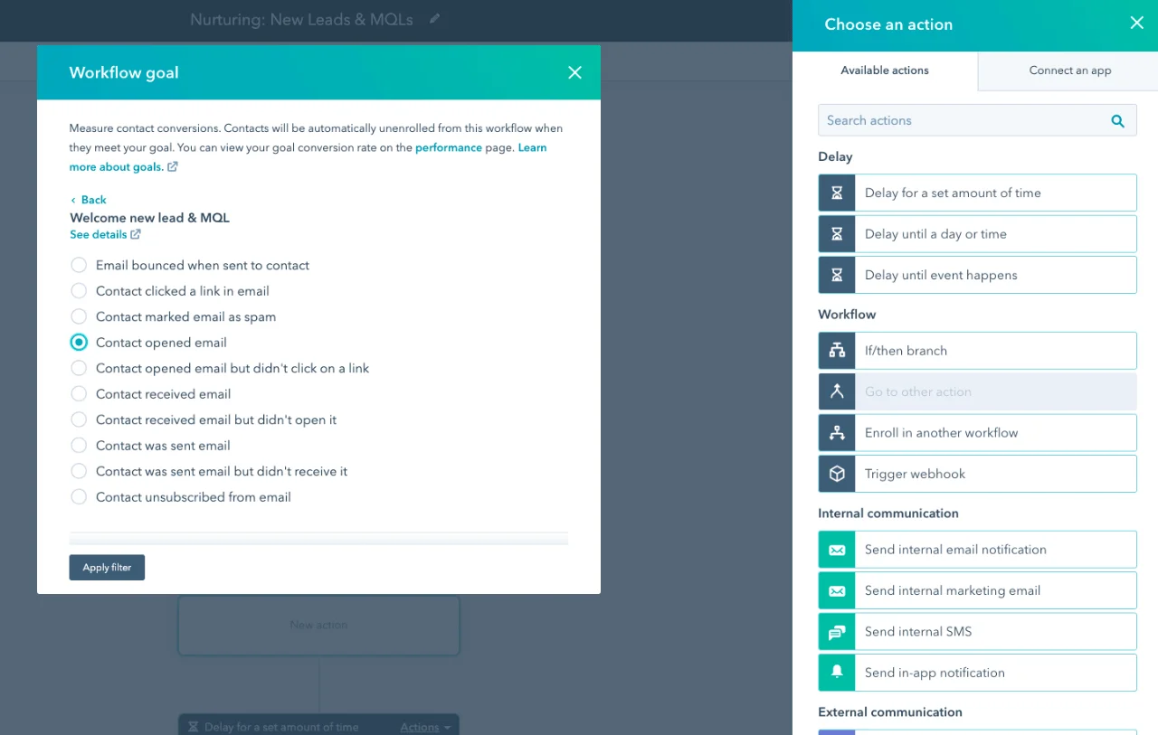 A preview of HubSpot’s email automation tool. The preview demonstrates the process of setting a workflow goal.
