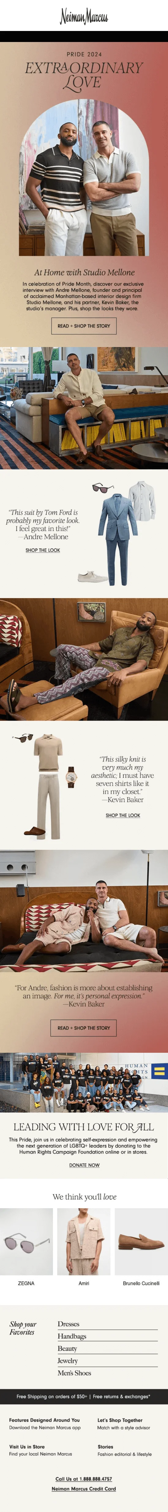 An email from Neiman Marcus with the banner “Extraordinary Love” featuring a photograph of Andre Mellone and Kevin Baker and pictures of selected items from their photoshoot