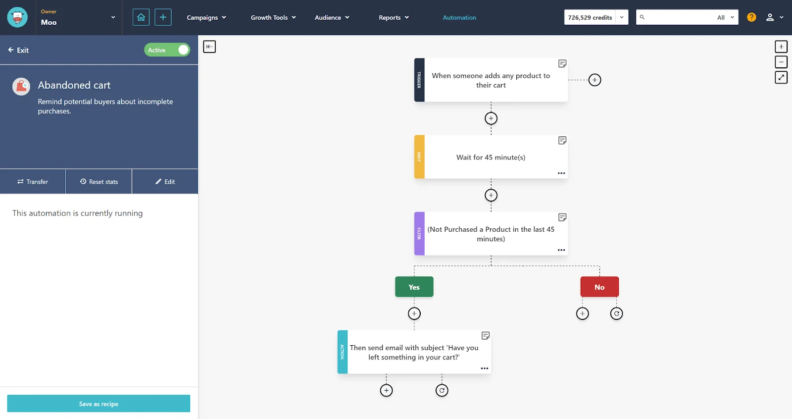 A preview of Moosend’s automation tool. The image features the process of setting an Abandoned cart rule.