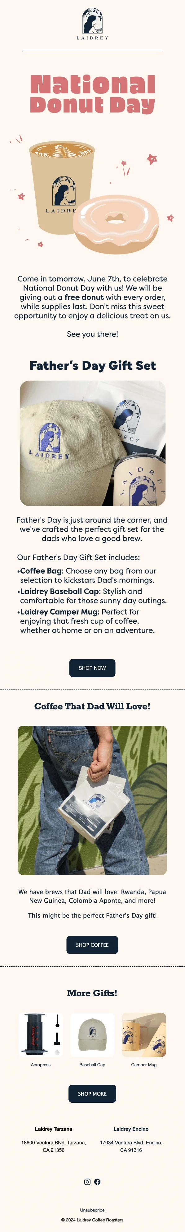 An email from Laidrey from the brand’s 2024 campaign with the banner National Donut Day and a promo for a Father’s Day gift set