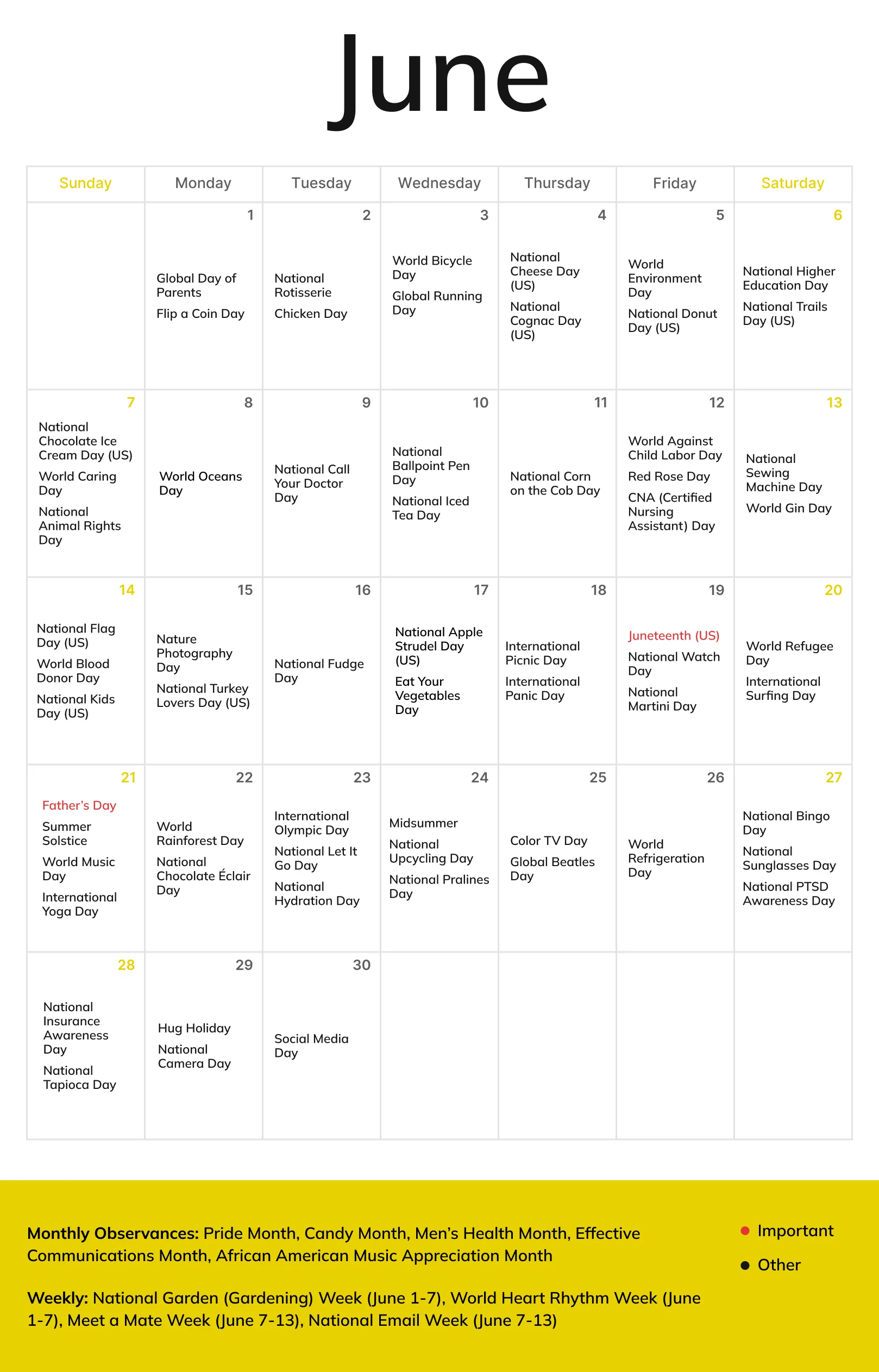 The list of June newsletter ideas in calendar format