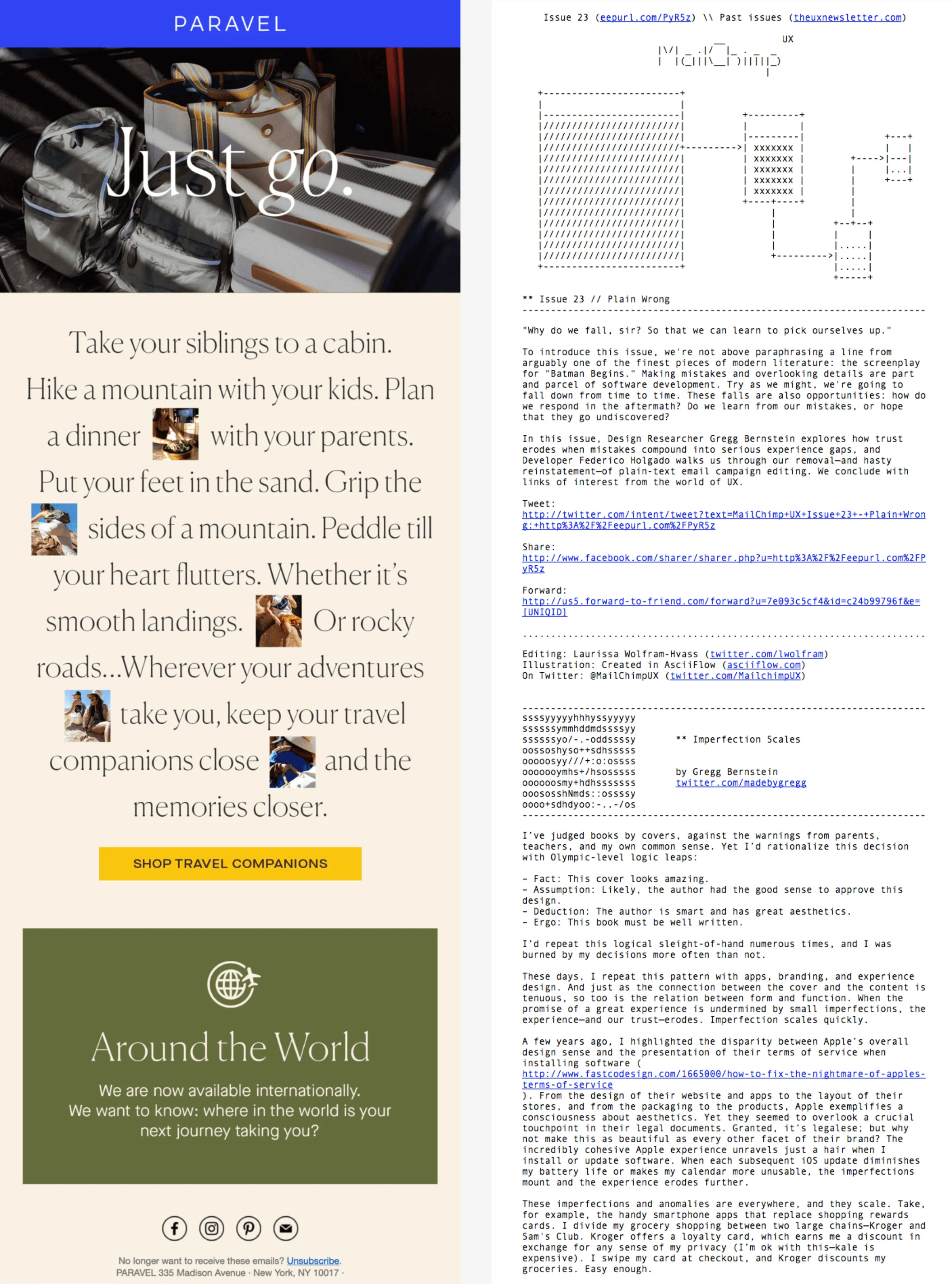 An HTML email with images, colorful background, hyperlinks, and buttons on the left and a plain-text email with simple text and links on the right
