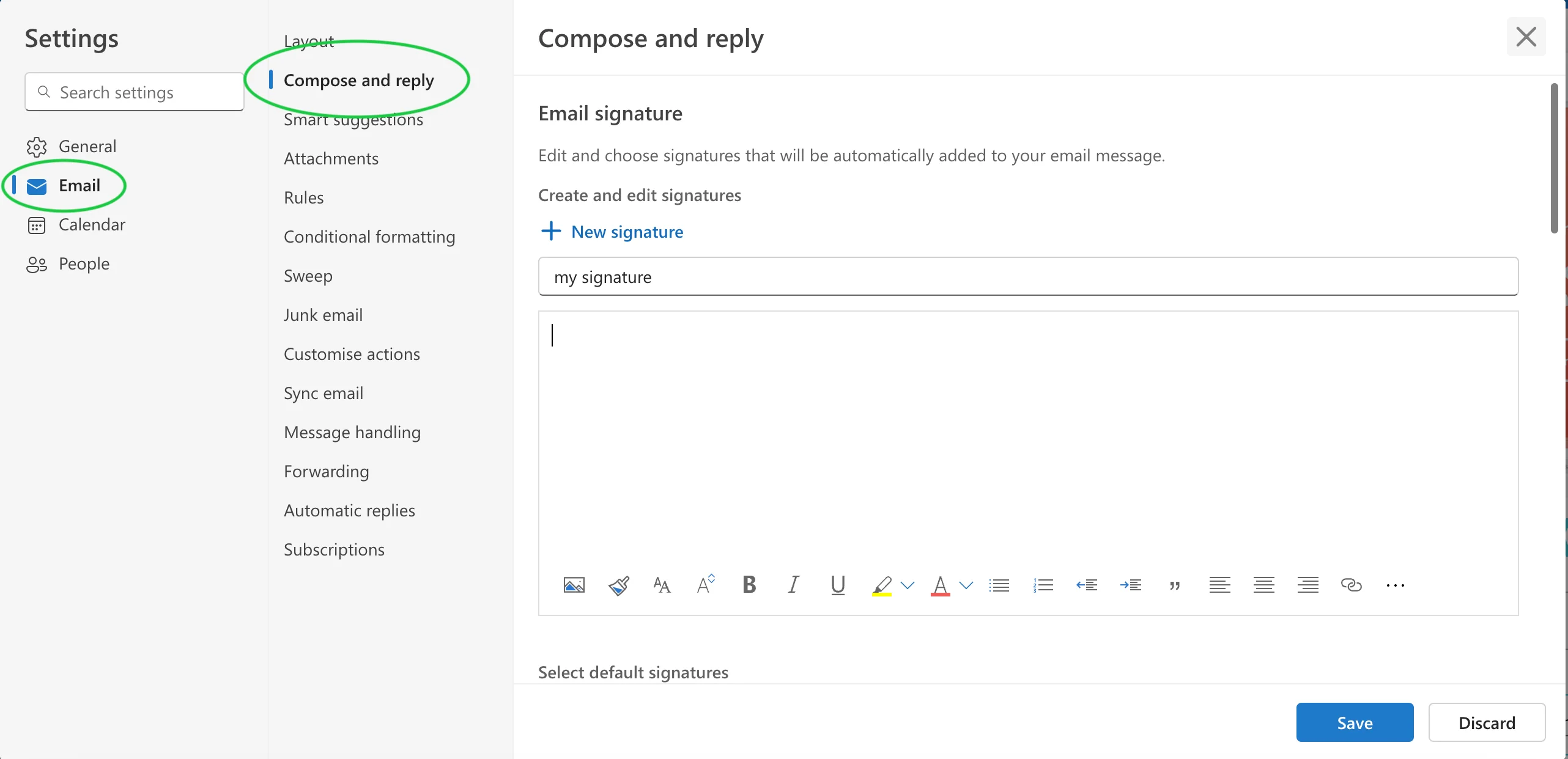 Outlook interface with Compose and reply button highlighted in settings